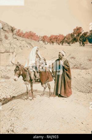 Fuga in Egitto. Tipi di contadini. Donna e bambino su Donkey. Uomo in piedi. 1934. Reinventato da Gibon. Arte Classica con reinventato Foto Stock