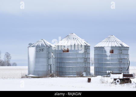 Tre strade coperte di neve in acciaio silos di guadagno con un piccolo carro in primo piano in una fattoria in un giorno nuvoloso in inverno NEGLI STATI UNITI Foto Stock