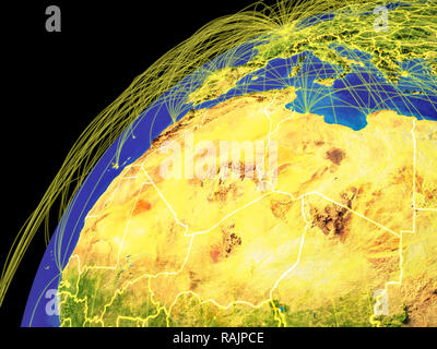 Regione del Maghreb dallo spazio sulla terra con le linee che rappresentano i collegamenti internazionali, comunicazione, viaggi. 3D'illustrazione. Gli elementi di questa immagine f Foto Stock