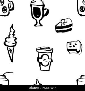 Disegnata a mano vector seamless coffee shop pattern. Il dessert grunge background. Illustrazione Vettoriale