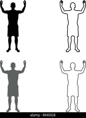 Uomo felice di soddisfare qualsiasi riunione silhouette gioia concetto vista frontale il set di icone di colore grigio colore nero vettore I Outline stile piatto semplice immagine Illustrazione Vettoriale