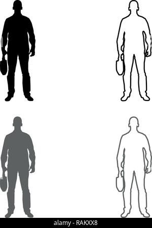 Imprenditore con valigetta uomo con un sacco di business nella sua mano silhouesse vista frontale il set di icone di colore grigio colore nero vettore I Outline stile piatto Illustrazione Vettoriale