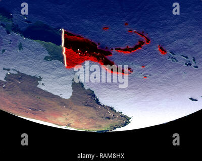 Vista satellitare di Papua Nuova Guinea dallo spazio di notte. Splendidamente dettagliate pianeta in plastica con superficie visibile luci della citta'. 3D'illustrazione. Elemento Foto Stock