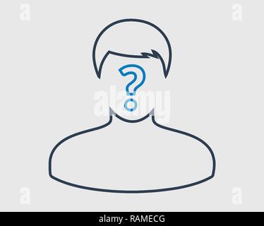 Identificare la linea icona. Uomo con punto interrogativo sulla sua bocca. Illustrazione Vettoriale
