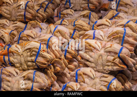 Dungeness granchi sul display per la vendita presso il Mercato di Pike Place a Seattle, Washington, Stati Uniti. Foto Stock