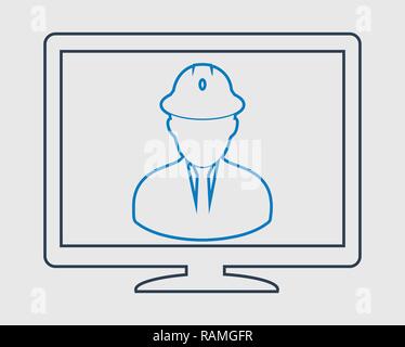 On line il servizio di Ingegneria Icona linea. Simbolo maschio sul monitor del computer. Illustrazione Vettoriale