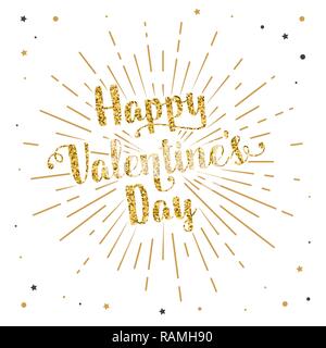 Happy Valentines Day testo e caratteri. Illustrazione Vettoriale. Per il biglietto di auguri, volantini, poster logo con caratteri di testo, raggi di luce di burst. Illustrazione Vettoriale