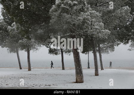 Salonicco, Grecia. 4 gennaio, 2019. Un uomo cammina nella neve in Salonicco, Grecia, gen. 4, 2019. Molte parti del paese sono stati colpiti da un freddo estremo a scatto e la nevicata di recente a causa di una bassa pressione di sistema meteo denominato 'Sophia'. Nella città settentrionale di Salonicco, due voli internazionali sono stati annullati e cinque sono state deviate verso altri aeroporti greci giovedì, le autorità locali hanno annunciato. Credito: Lefteris Partsalis/Xinhua/Alamy Live News Foto Stock