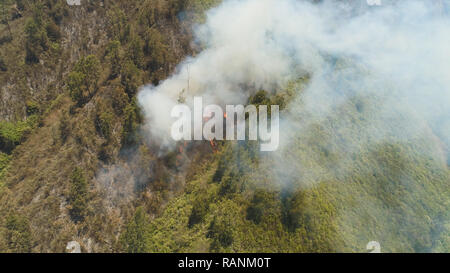 Vista aerea forest incendio fumo sulle pendici delle colline. incendi nelle foreste di montagna. wild incendio di foresta tropicale, Java Indonesia. disastro naturale fuoco nel sud-est asiatico Foto Stock