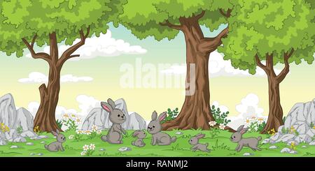 Funny cartoon conigli e alberi, disegnare a mano illustrazione Illustrazione Vettoriale