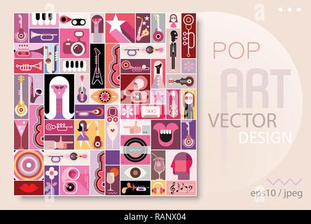 La Pop art collage musicale con molte immagini varie, vettore poster design. Illustrazione Vettoriale