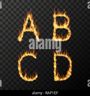 Luminose realistiche fiamme di fuoco in A B C D lettere forma, caldo concetto del font su trasparente Illustrazione Vettoriale