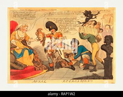 Royal ricreazione, Cruikshank, Isacco, 1756-1811, incisione 1795, Caterina II seduti su un trono che riceve il reinventato Foto Stock