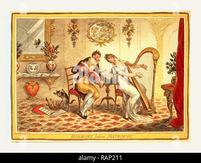 Armonia prima del matrimonio, Gillray James, 1756-1815, incisore, [Londra], 1805, una giovane donna e un elegantemente reinventato Foto Stock