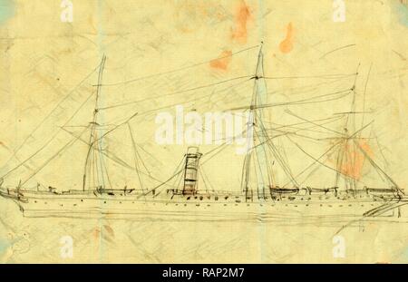 Battello a vapore con tre montanti, tra il 1860 e il 1865, disegno su carta crema matita, 12.2 x 20.2 cm. (Foglio), 1862-1865 reinventato Foto Stock