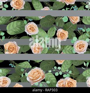 Modello senza giunture vettore acquerello floreale design: crema giardino di rose, il fiore di cera argento eucalipto. Rustico spogliato di sfondo grigio stampa pallido Illustrazione Vettoriale