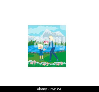 Madre e figlia camminare nel giardino Illustrazione Vettoriale