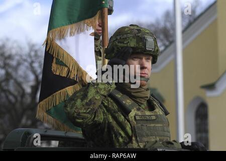 TALLINN, Estonia - un soldato estone rende un saluto durante la passata in rassegna in estone di Independence Day Parade di Tallinn, Estonia, Feb 24, 2017. Stati Uniti I soldati dell esercito assegnato al primo battaglione, sessantottesima Armor reggimento, 3° Brigata corazzate, 4° Divisione di Fanteria, ha montrato M1A2 Abrams serbatoi e M2A3 Bradley veicoli da combattimento e hanno marciato al fianco di nazione ospitante i soldati e i partner della NATO. Il 'Silver Lions' di 1-68 AR sono su di una rotazione della formazione a sostegno del funzionamento Atlantic risolvere, un led DEGLI STATI UNITI sforzo in Europa orientale che dimostra l'impegno degli Stati Uniti per la sicurezza collettiva della NATO Foto Stock