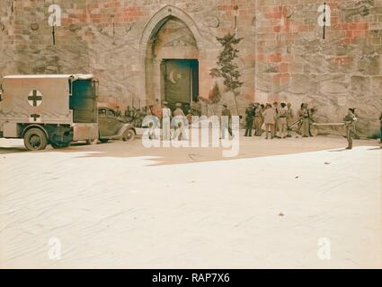 Il sollevamento dell'assedio di Gerusalemme di scena a Damasco Gate. 1938, Israele. Reinventato da Gibon. Arte Classica con un reinventato Foto Stock