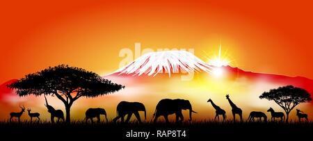 Sagome di animali selvatici della savana africana sullo sfondo del monte Kilimanjaro. Illustrazione Vettoriale