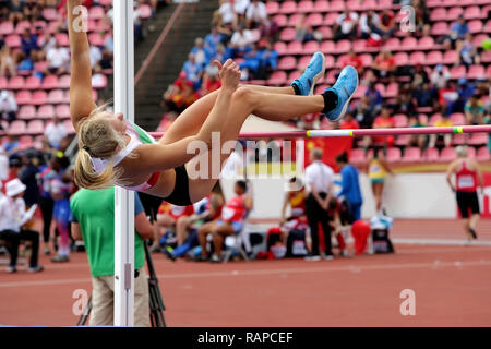 TAMPERE, Finlandia, 12 Luglio: SARAH LAGGER (AUSTRIA), il salto in alto nel heptathlon (win argento sommario) nel mondo IAAF U20 Campionato Tampere, finlan Foto Stock