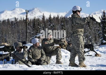 Paracadutisti assegnato alla società di cane, 3° Battaglione, 509a paracadute Reggimento di Fanteria, quarta brigata di fanteria combattere Team (airborne), XXV divisione di fanteria, U.S. Esercito di Alaska, osservare la mitragliatrice live-formazione antincendio a gamma Grezelka, Base comune Elmendorf-Richardson, Alaska, 28 febbraio, 2017. I paracadutisti praticata obiettivi di impegno a distanze variabili utilizzando il M240B mitragliatrice e il marchio 19 40 mm granata mitragliatrice. Foto Stock