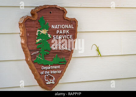 Ingresso sign di Ernest F. Coe Visitor Center dal National Park Service - Ministero degli interni con una piccola lucertola verde accanto ad essa. Foto Stock