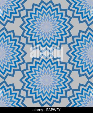 Circolare blu linee a zig-zag fiori con un bel modellato petali striped pattern. Seamless floral background del vettore Illustrazione Vettoriale