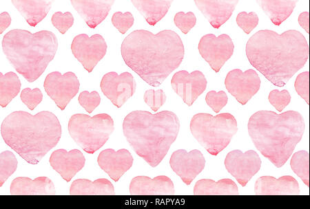 Acquerello Cuori rosa su sfondo bianco. Fatto a mano modello senza giunture Foto Stock