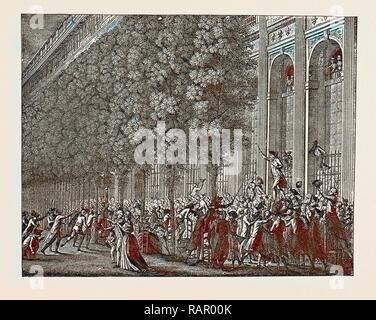 La Rivoluzione francese: DESMOULINS mobilitare le persone dal CAFÉ DE FOY, nel PALAIS ROYAL, luglio 12, 1789 reinventato Foto Stock