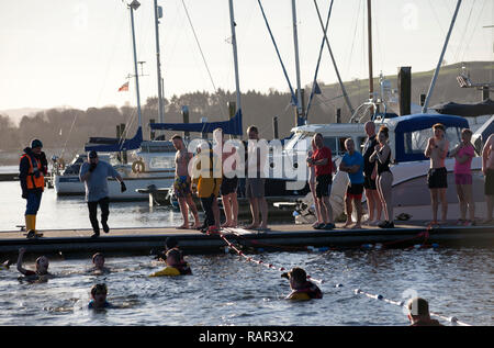 Le persone che hanno preso parte al nuovo anno di nuotare a Rhu Marina, Scozia Foto Stock