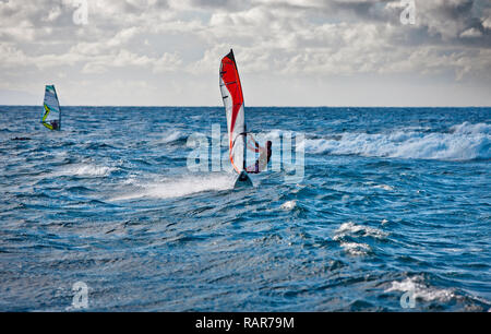 Surfisti che si divertono sull'oceano durante una giornata di vento. Foto Stock