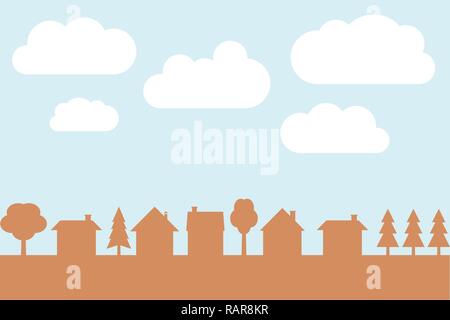 Piccola città silhouette del vettore con la copia in bianco lo spazio. Illustrazione del villaggio. Illustrazione Vettoriale