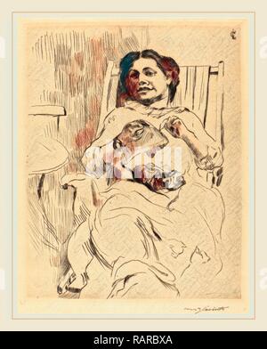 Lovis Corinth, Donna con ricamo (Frau mit Handarbeit), Tedesco, 1858-1925, 1912, puntasecca in nero su carta intessuta reinventato Foto Stock