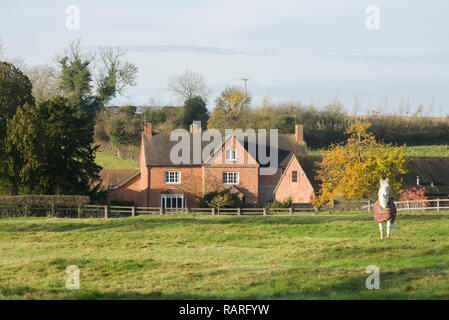 Una staccata casale rurale con il paddock in Shelfield, vicino a Alcester, Stratford-su-Avon, Warwickshire, Inghilterra, Regno Unito Foto Stock