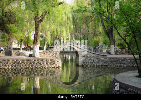 Stagno, ponte arcuato, salici in dall'Università di Lanzhou, Gansu, Cina Foto Stock