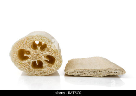 Spugne di Loofah isolati su sfondo bianco Foto Stock