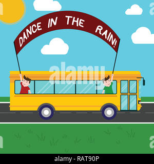 Testo della scrittura danza sotto la pioggia. Concetto significato Godetevi la giornata di pioggia attività infantile happy dancing due bambini all'interno del bus di scuola tenendo fuori Banne Foto Stock