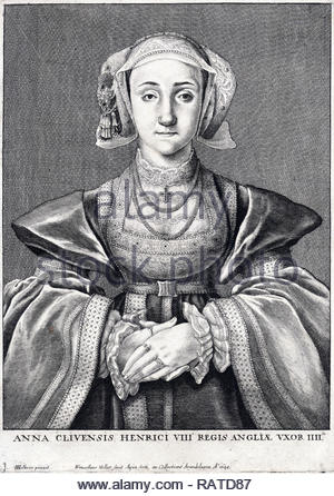 Anne of Cleves ritratto, 1515 - 1557, è stata la regina dell'Inghilterra dal 6 Gennaio al 9 luglio 1540 come la quarta moglie del Re Enrico VIII, attacco da incisore boemo Wenceslaus Hollar dal 1648. Da Holbein originale. Foto Stock