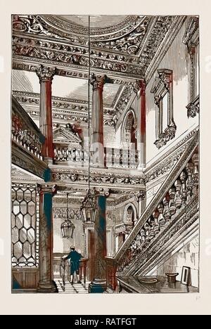Un vecchio London Mansion, 'COWFIELDS", 30 Old Burlington Street, UK, 1886: hall di entrata e scale. Reinventato Foto Stock