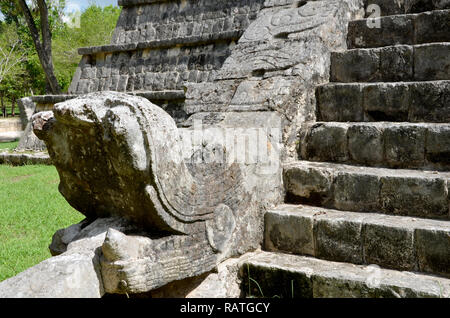 In prossimità della testa di serpente sulla piramide Maya a Chichen Itza, Messico Foto Stock