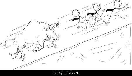 Cartoon di un gruppo di imprenditori in esecuzione in salita lontano dal toro arrabbiato come un aumento dei prezzi di mercato Symbol Illustrazione Vettoriale