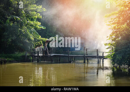 Agricoltore thai / uomo agricoltore tenendo il riso baby sullo spallamento camminando sul ponte di legno - vecchio contadino agricoltura Agricoltura di impianto campo verde terreno coltivato in Foto Stock