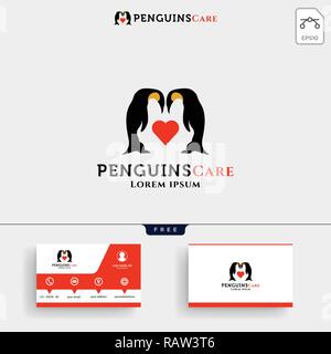 I pinguini cura, amore e il logo di parenting modello illustrazione vettoriale e business card design Illustrazione Vettoriale