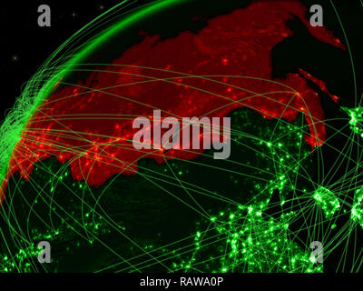 La Russia sul modello di green Planet Earth con le reti internazionali. Concetto di comunicazione verde e tecnologia. 3D'illustrazione. Gli elementi di questo im Foto Stock