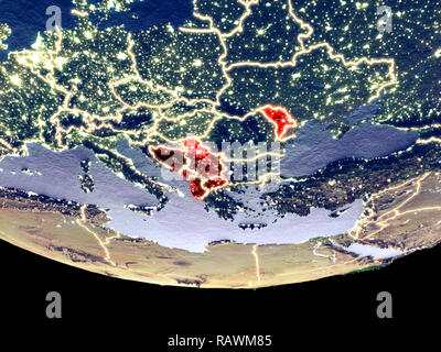Vista satellitare dei paesi CEFTA dallo spazio di notte. Splendidamente dettagliate pianeta in plastica con superficie visibile luci della citta'. 3D'illustrazione. Elementi Foto Stock