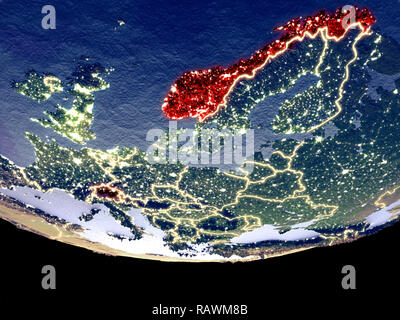 Vista satellitare dei paesi EFTA dallo spazio di notte. Splendidamente dettagliate pianeta in plastica con superficie visibile luci della citta'. 3D'illustrazione. Elementi Foto Stock