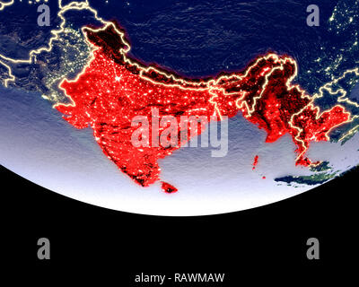 Vista satellitare del BIMSTEC memeber membri dallo spazio di notte. Splendidamente dettagliate pianeta in plastica con superficie visibile luci della citta'. 3D'illustrazione. E Foto Stock