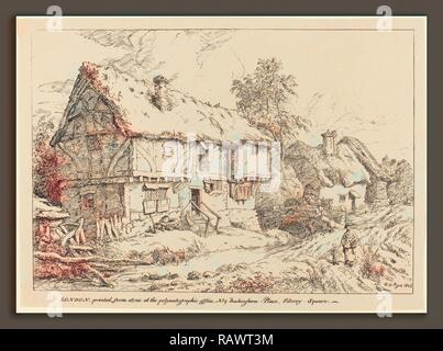 William Henry Pyne (British, 1769 - 1843), Old Cottages, 1806, pen-e-tusche litografia. Reinventato Foto Stock