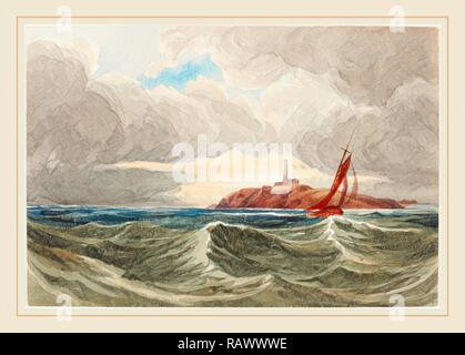 Attribuito a James Bulwer, British (1794-1879), Seascape con faro, acquerello. Reinventato da Gibon. Classic reinventato